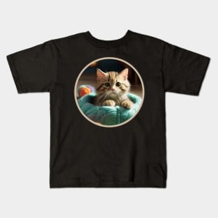 A cute cat curled up in a ball of yarn. Kids T-Shirt